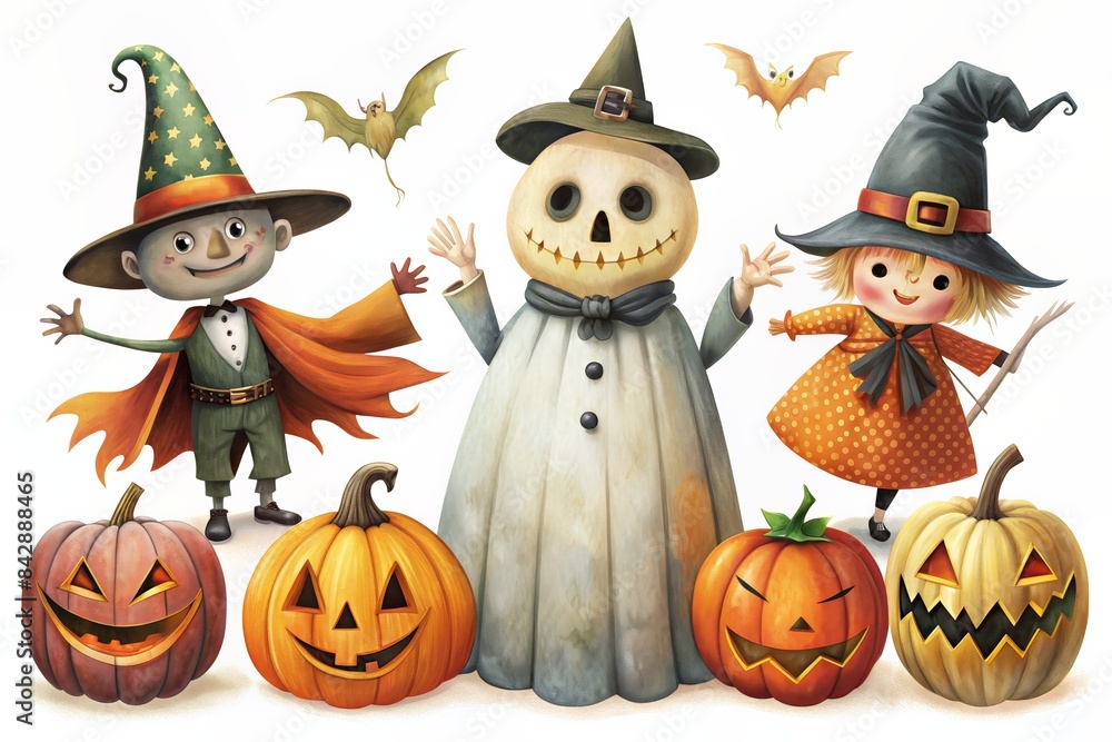 Fototapeta premium Whimsical Halloween characters including pumpkins, a witch, and ghosts.