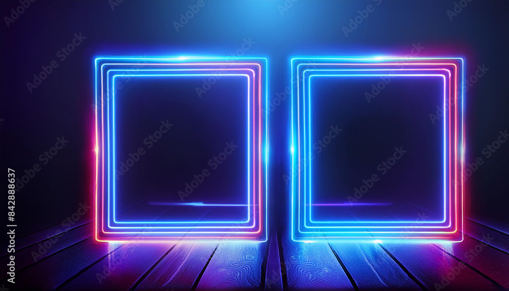 two blue neon glowing blank picture frames on dark navy background for showcase exhibition or display of goods, event signs two blue neon glowing blank picture frames on dark navy background for showcase exhibition or display of goods, event signs