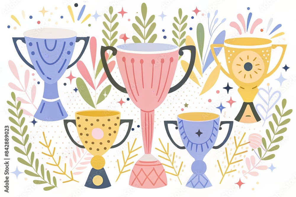 Retro-style illustration of trophies surrounded by colorful leaves and stars. Retro-style illustration of trophies surrounded by colorful leaves and stars.