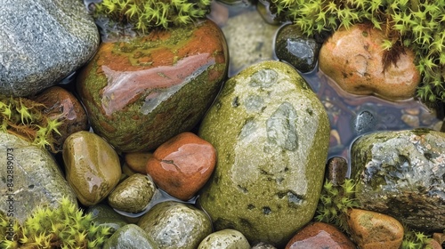 Serene Stream with River Rocks and Moss Detail. © Adri