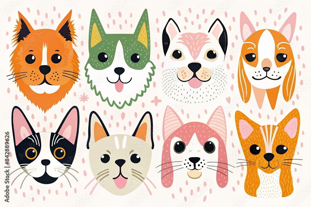 Obraz premium Colorful pattern of various cat faces on a blue background.