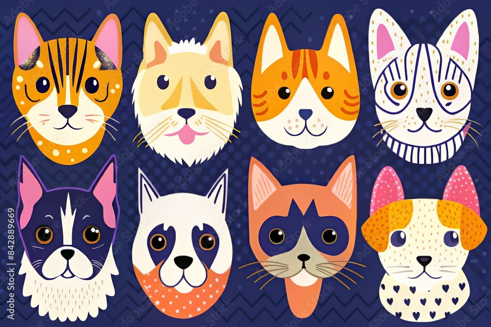 Colorful pattern of various cat faces on a blue background. Colorful pattern of various cat faces on a blue background.