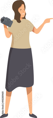 Photographer is holding a camera and pointing at something interesting to photograph