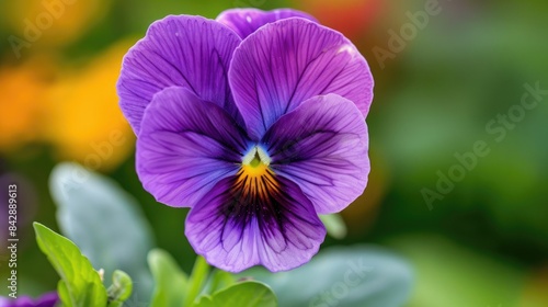 Close up of a violet tricolor pansy blossom