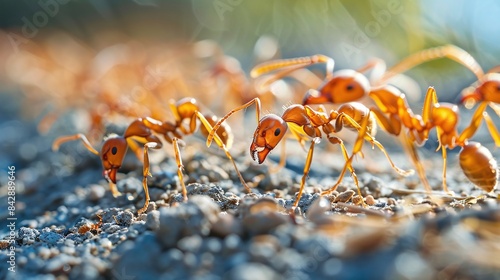 A row of worker ants searching for food in a line. Concept Insect behavior, Colony organization, Worker ants, Foraging habits, Social insects photo
