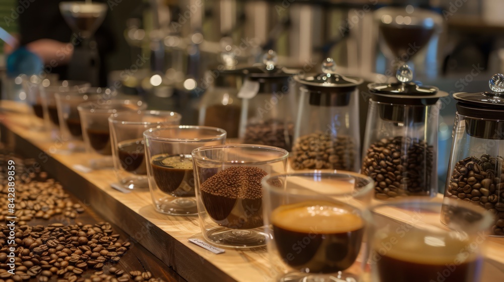 A coffee tasting event, with various beans and brews from around the world A coffee tasting event, with various beans and brews from around the world
