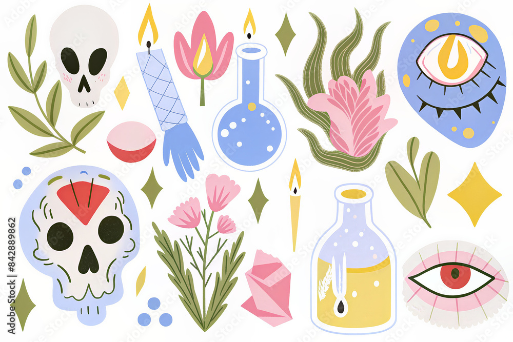 Magical themed stickers with skulls, candles, and potion bottles on a blue background. Magical themed stickers with skulls, candles, and potion bottles on a blue background.