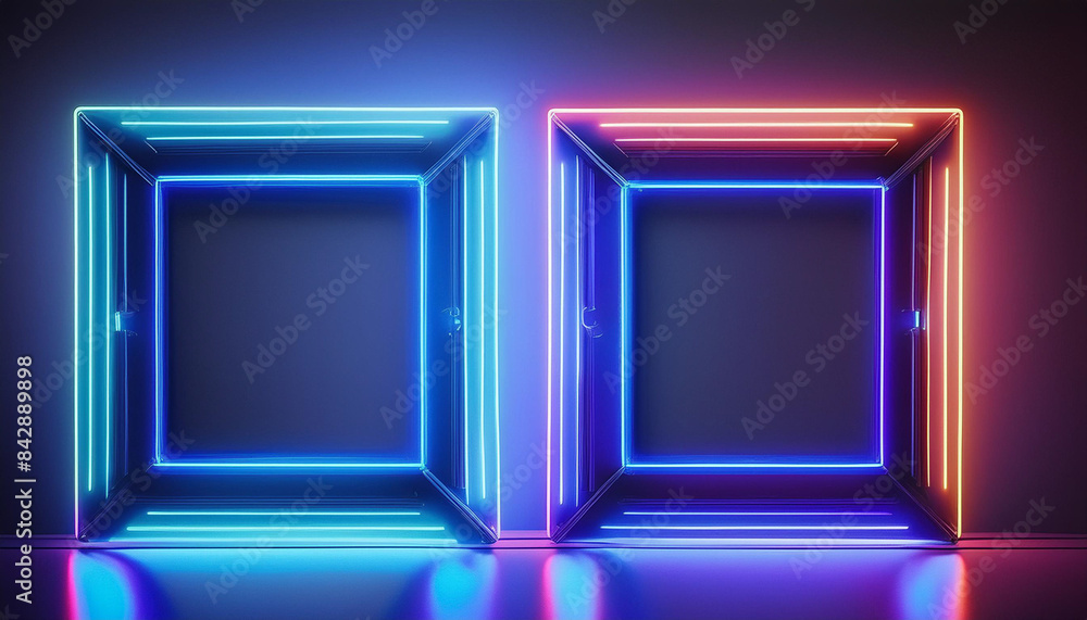 two blue neon glowing blank picture frames on dark navy background for showcase exhibition or display of goods, event signs two blue neon glowing blank picture frames on dark navy background for showcase exhibition or display of goods, event signs