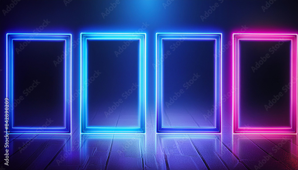 four blue neon glowing blank picture frames on dark navy background for showcase exhibition or display of goods, event signs, mock up of menu, night club, film four blue neon glowing blank picture frames on dark navy background for showcase exhibition or display of goods, event signs, mock up of menu, night club, film