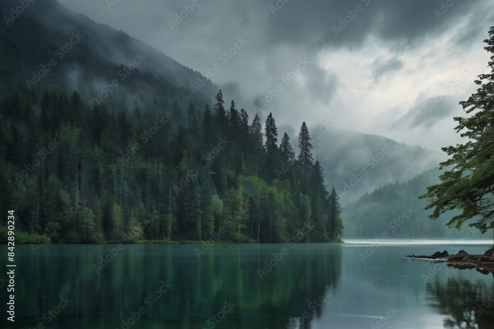Fototapeta premium Lake Surrounded by a Dense Forest with tall and lush trees, misty mountains, and tranquil water