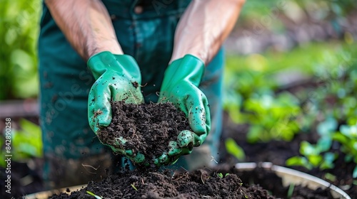 Examining Soil Quality on an Organic Farm: A Man in Green Gloves. Concept Soil Analysis, Organic Farming, Man in Green Gloves, Agricultural Practices, Environmental Sustainability