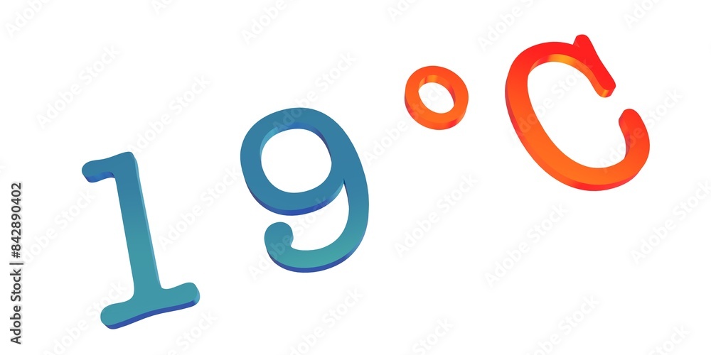Numeral nineteen with a blue Celsius degree sign on a white background isolate. Temperature, weather, thermometer. Numeral nineteen with a blue Celsius degree sign on a white background isolate. Temperature, weather, thermometer.