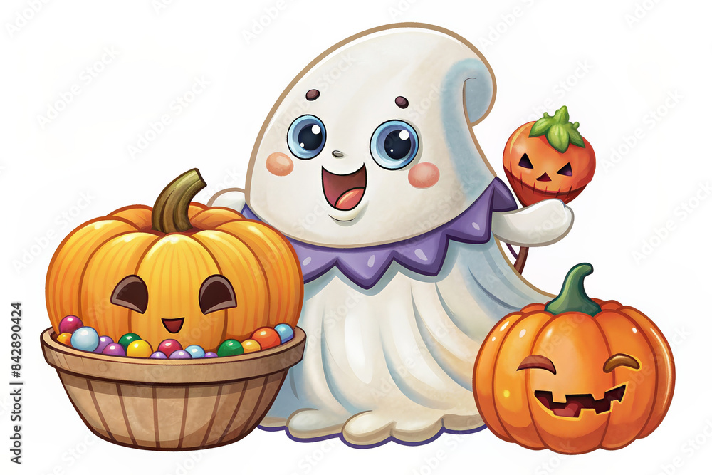 Adorable ghost character holding a pumpkin and candy basket with bats flying around on a white background. Adorable ghost character holding a pumpkin and candy basket with bats flying around on a white background.
