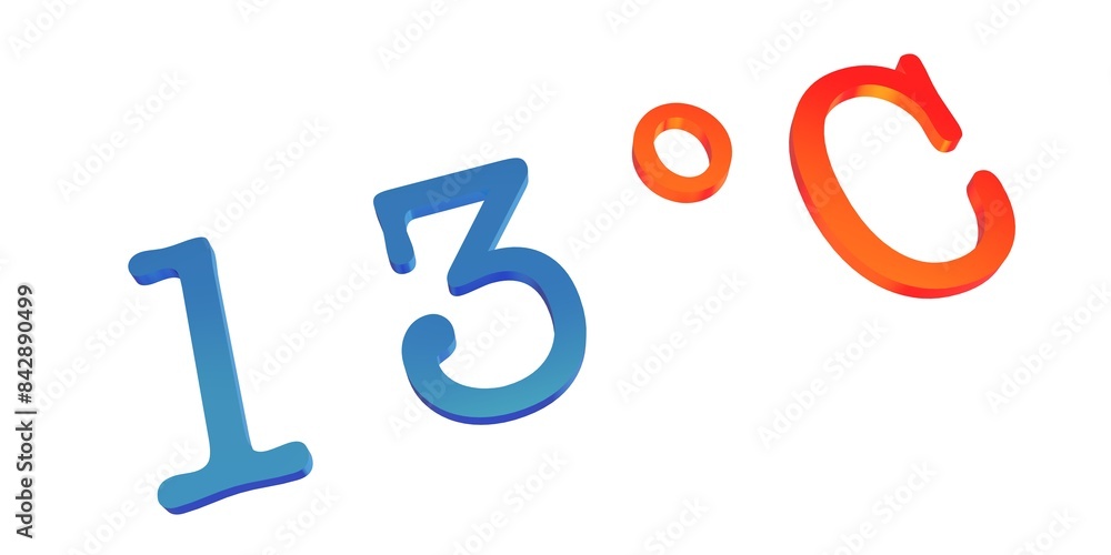 Numeral thirteen with a blue Celsius degree sign on a white background isolate. Temperature, weather, thermometer. Numeral thirteen with a blue Celsius degree sign on a white background isolate. Temperature, weather, thermometer.