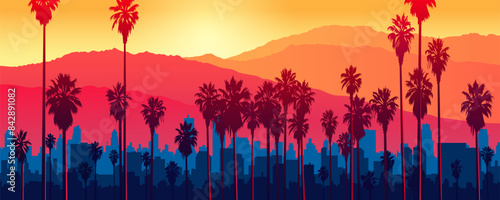 Palm trees against the backdrop of a city or metropolis, mountains and a stunning sunset in the tropics of America. Stunning panoramic sunset of a large American city. Cityscape with palm trees.