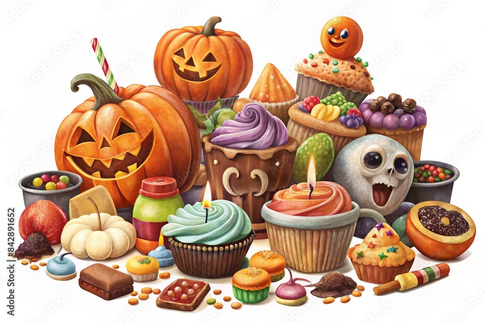 A delightful array of Halloween-themed cupcakes, jack-o'-lanterns, and festive sweets, creating a fun and colorful Halloween display. A delightful array of Halloween-themed cupcakes, jack-o'-lanterns, and festive sweets, creating a fun and colorful Halloween display.