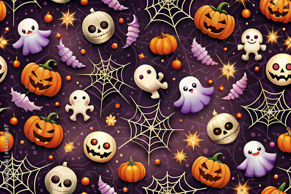 Charming jack-o'-lanterns, cute ghosts, and spider webs on a dark background, creating a spooky yet playful Halloween pattern. Charming jack-o'-lanterns, cute ghosts, and spider webs on a dark background, creating a spooky yet playful Halloween pattern.