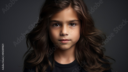 Portrait of a cute happy Hispanic Latino boy child with long hair and perfect skin, gray background, banner. Advertising of teenage cosmetics, hair care products, medicines, perfumes, cosmetology