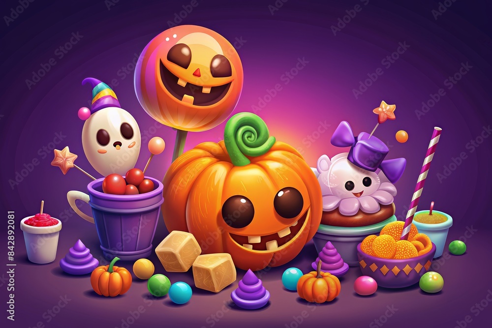 Halloween-themed candy display with colorful sweets, jack-o'-lanterns, and various treats. Halloween-themed candy display with colorful sweets, jack-o'-lanterns, and various treats.