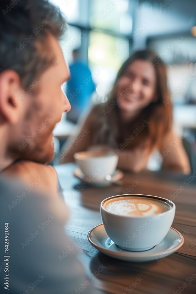 A man and a woman having a coffee in a modern break room A man and a woman having a coffee in a modern break room