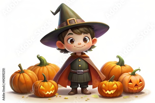 Cute child dressed as a little witch standing among pumpkins and autumn leaves.