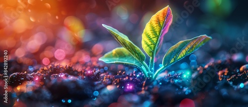 Seedling bathed in multicolored LED lights, showcasing the intersection of nature and technology in farming, Futuristic, Photography, Bright and Cool Tones, High Detail 8K , high-resolution, ultra HD,