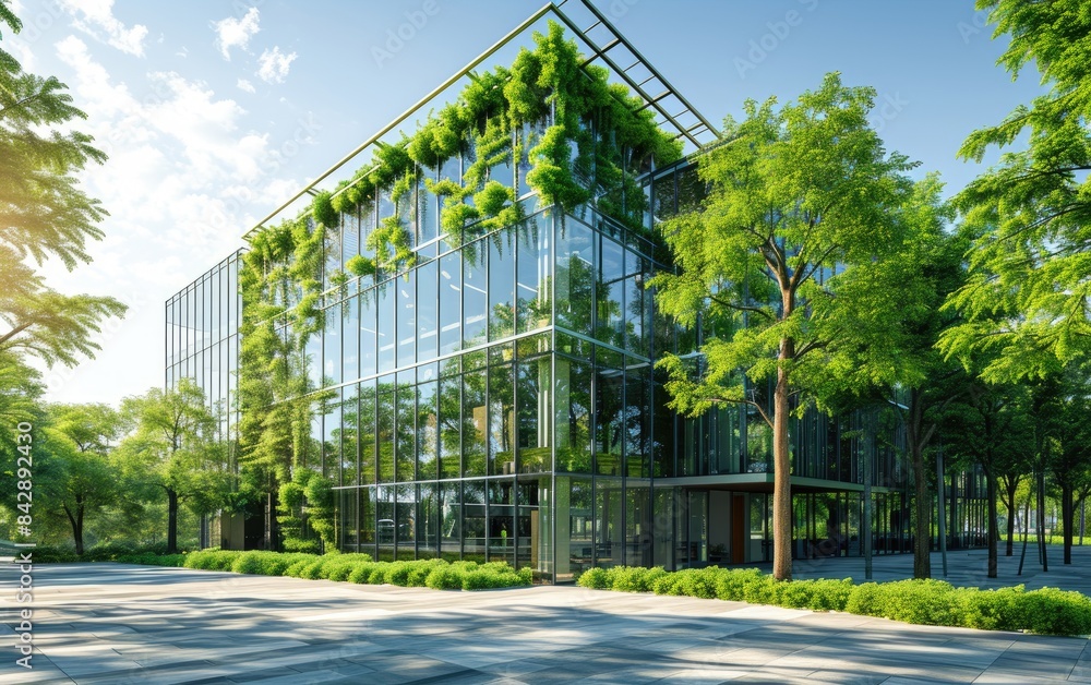 Obraz premium Innovative green architecture eco-friendly office building with glass windows and integrated vegetation for sustainability