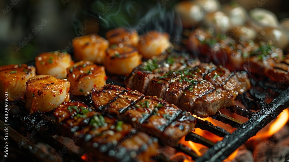 A culinary journey unfolds on skewers, where grilled beef, pork, and chicken take us on a voyage of flavors, accompanied by a vibrant array of colorful vegetables