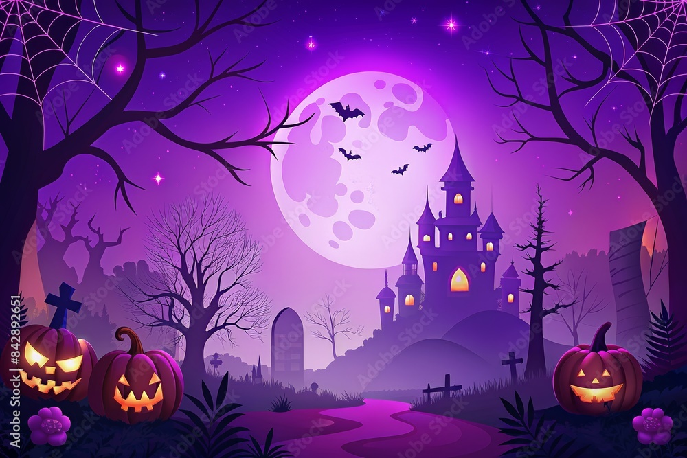 Spooky Halloween night scene with a haunted house, full moon, bats, and jack-o'-lanterns. Spooky Halloween night scene with a haunted house, full moon, bats, and jack-o'-lanterns.