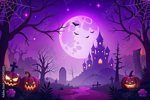 Spooky Halloween night scene with a haunted house, full moon, bats, and jack-o'-lanterns.