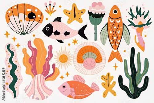 Playful and colorful illustration featuring various sea creatures  plants  and shells in a whimsical style.