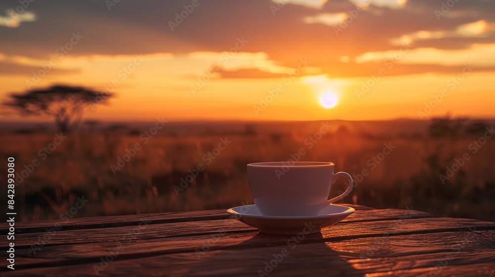 A serene morning with a coffee cup on a wooden table overlooking a sunlit African savanna. A serene morning with a coffee cup on a wooden table overlooking a sunlit African savanna.