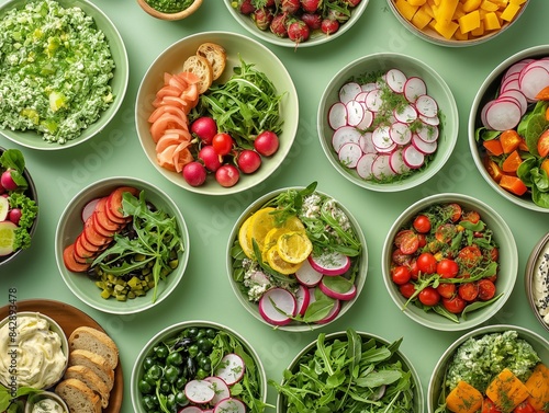 Wallpaper Mural A variety of snacks in green plates served on a table with a green tablecloth. The plates contain greens and cheeses, pickled vegetables. View from above Torontodigital.ca