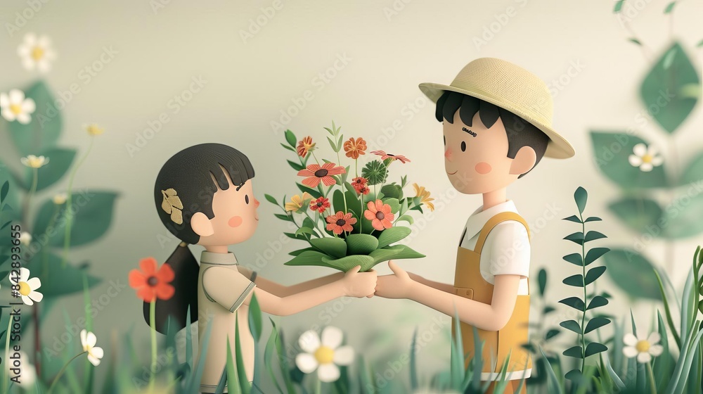 Child giving father a bouquet of flowers, flat design, front view, garden theme, 3D render, triadic color scheme Child giving father a bouquet of flowers, flat design, front view, garden theme, 3D render, triadic color scheme