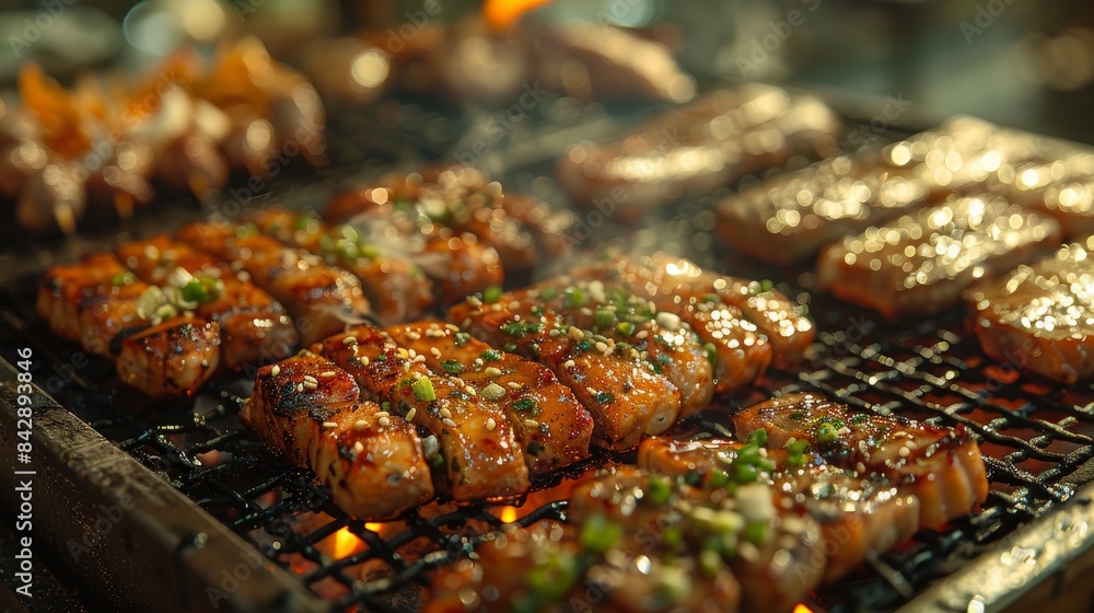 A symphony of flavors unfolds on a bed of skewers, where tender beef, savory pork, and succulent chicken harmonize with a chorus of colorful vegetables, a culinary masterpiece A symphony of flavors unfolds on a bed of skewers, where tender beef, savory pork, and succulent chicken harmonize with a chorus of colorful vegetables, a culinary masterpiece