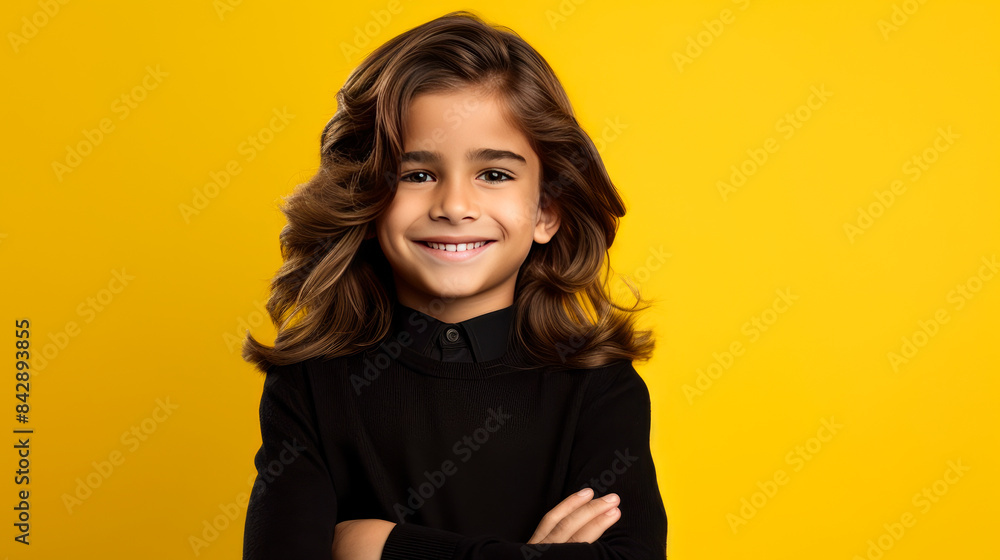 Portrait of a cute happy Hispanic Latino boy child with long hair and perfect skin, yellow background, banner. Advertising of teenage cosmetics, hair care products, medicines, perfumes, cosmetology Portrait of a cute happy Hispanic Latino boy child with long hair and perfect skin, yellow background, banner. Advertising of teenage cosmetics, hair care products, medicines, perfumes, cosmetology