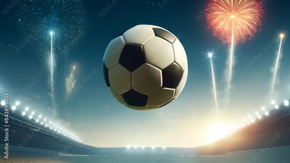 Fototapeta premium soccer ball flying over illuminated festive stadium with fireworks in the background