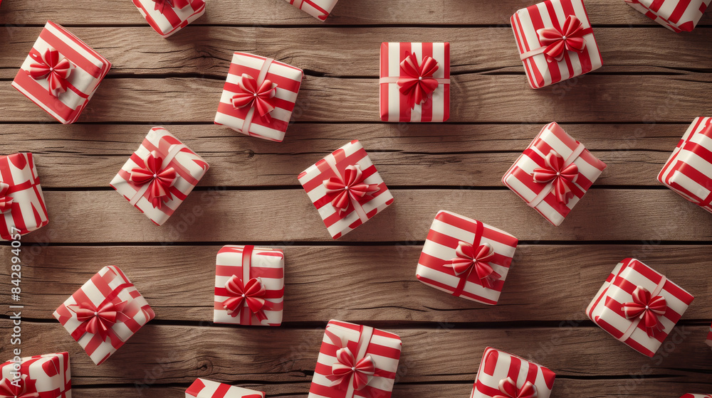 Red and white striped gift boxes scattered on wooden surface. Holiday celebration and festive concept Red and white striped gift boxes scattered on wooden surface. Holiday celebration and festive concept