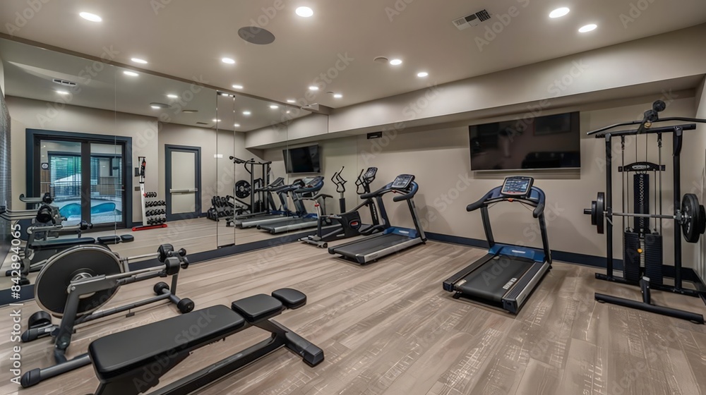 A fitness room with exercise equipment, mirrors, and a television for workout videos A fitness room with exercise equipment, mirrors, and a television for workout videos