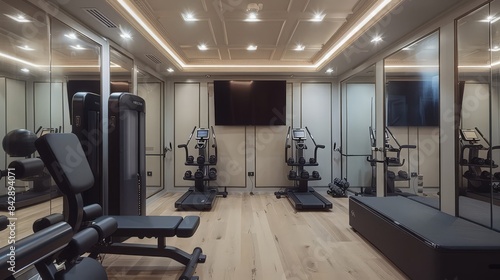 A fitness room with exercise equipment, mirrors, and a television for workout videos