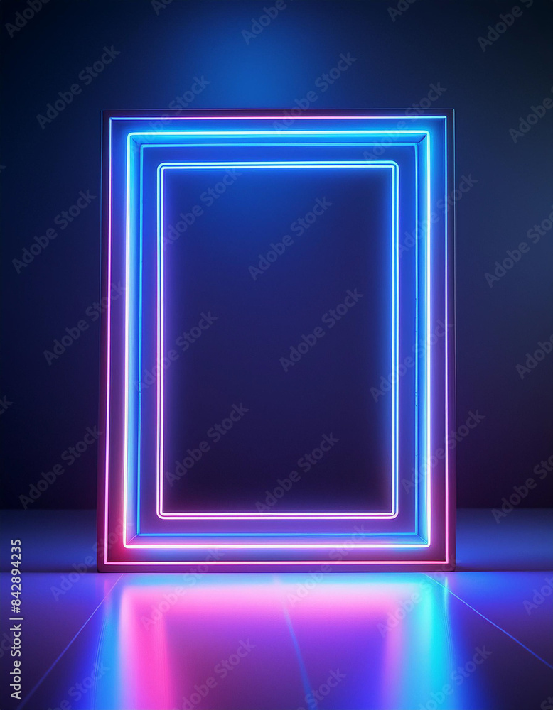 one blue neon glowing blank picture frames on dark navy background for showcase exhibition or display of goods, event signs one blue neon glowing blank picture frames on dark navy background for showcase exhibition or display of goods, event signs