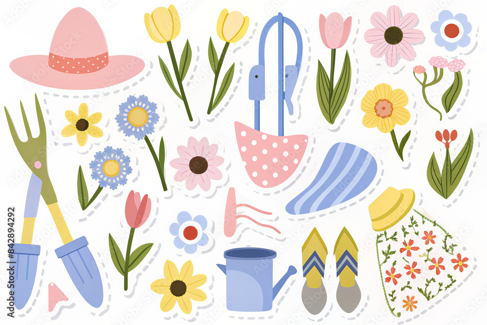 Colorful gardening tools and flowers on a dark background. Colorful gardening tools and flowers on a dark background.