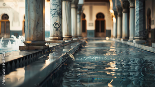 A long hallway with pillars and a large pool of water photo