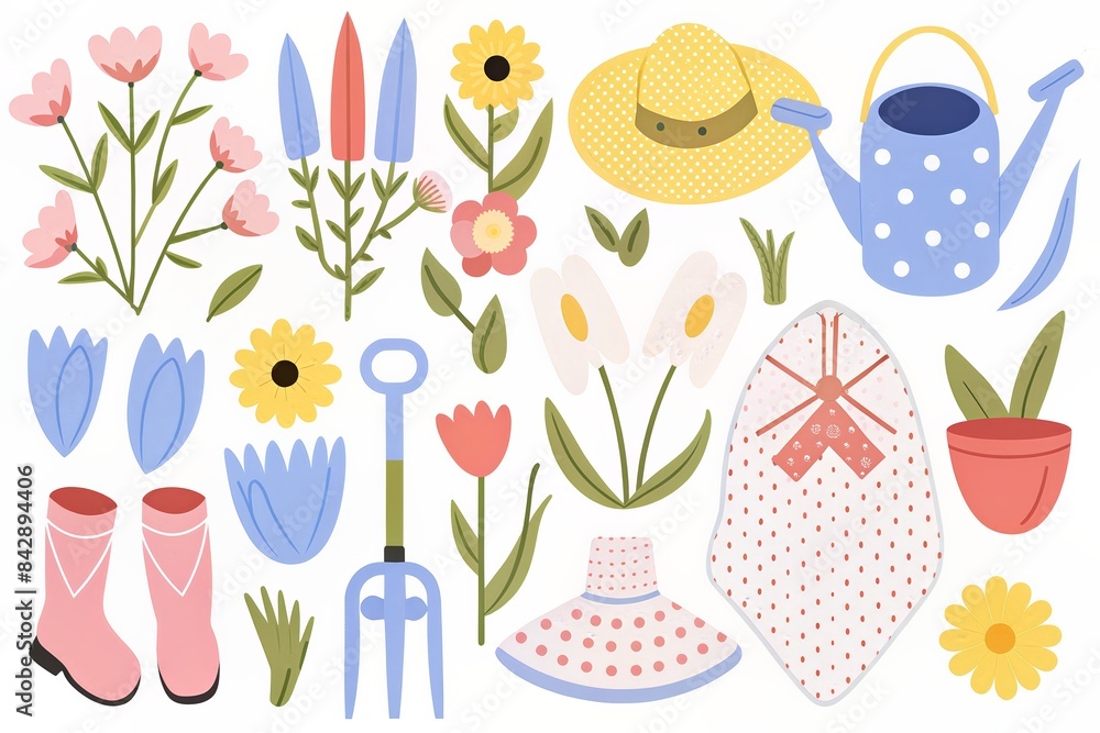 Colorful gardening tools and flowers on a dark background. Colorful gardening tools and flowers on a dark background.