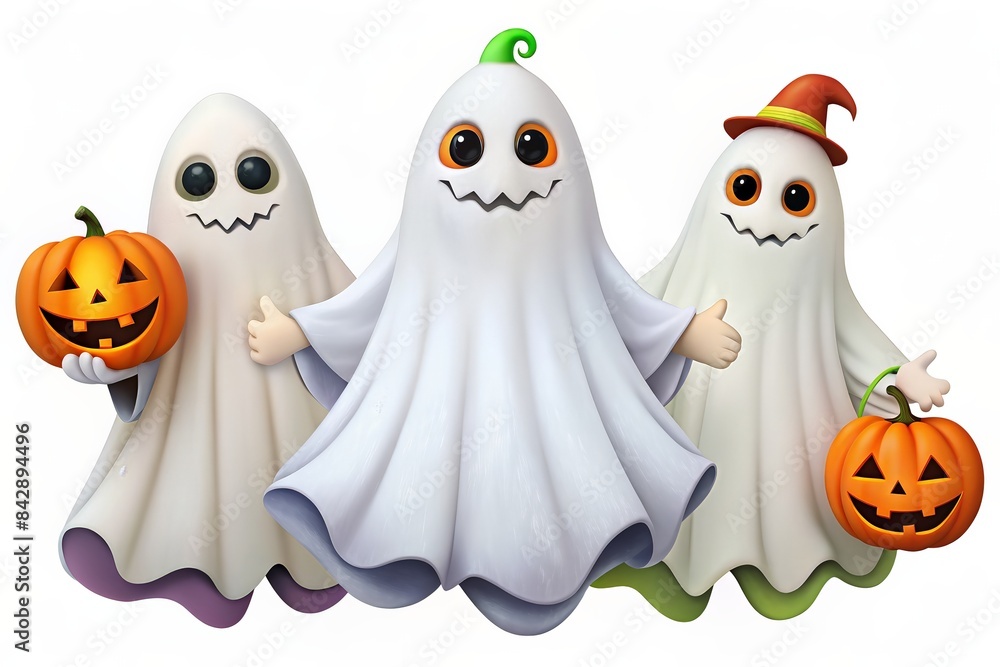 Obraz premium Three cute ghosts holding jack-o'-lanterns, ready for Halloween.