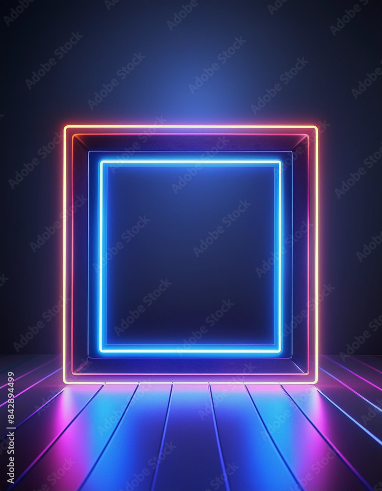 one blue neon glowing blank picture frames on dark navy background for showcase exhibition or display of goods, event signs one blue neon glowing blank picture frames on dark navy background for showcase exhibition or display of goods, event signs