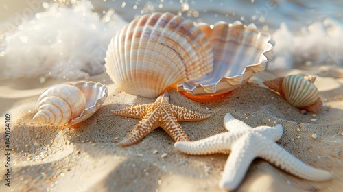 Closeup of a 3D model of a seashell and starfish, summer