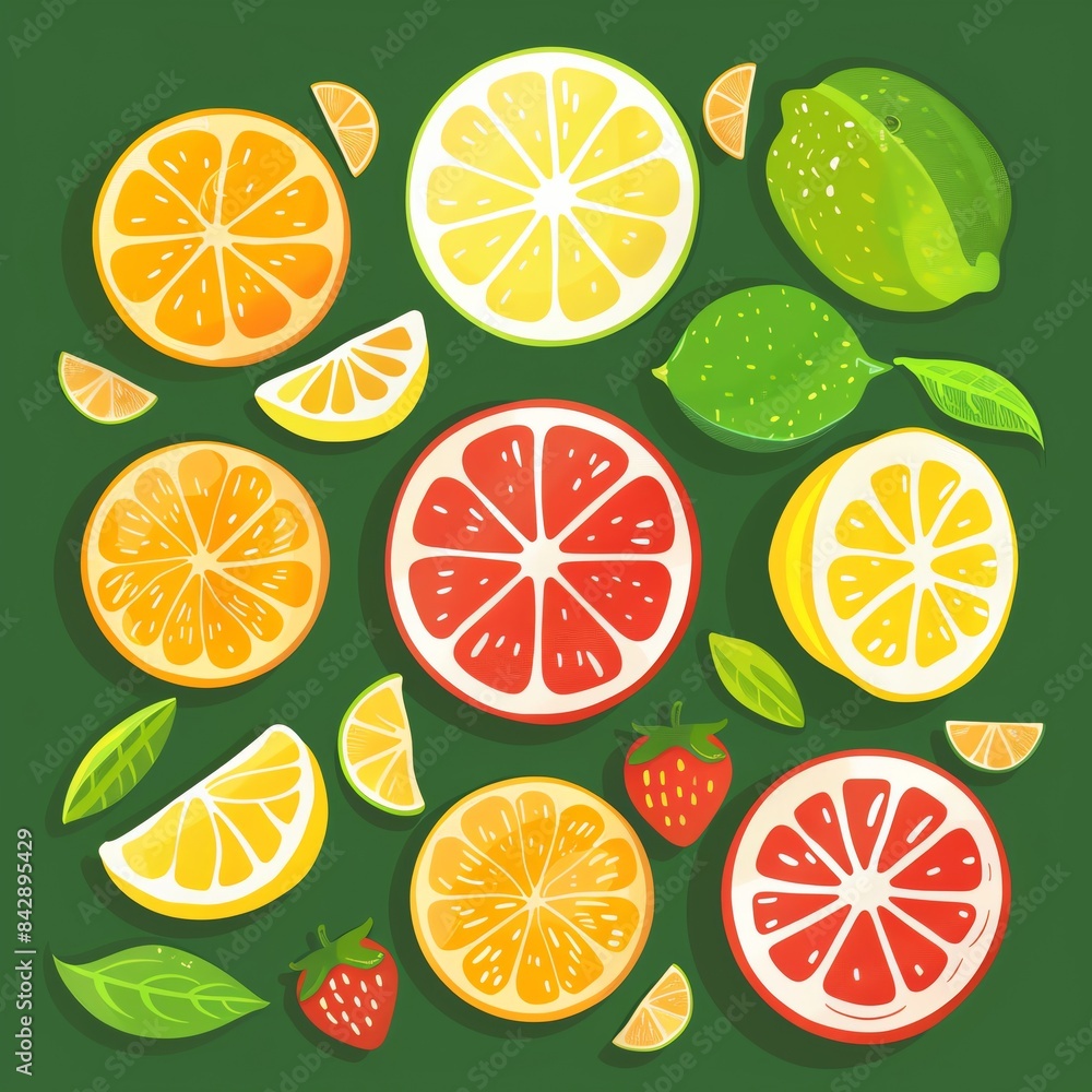 Colorful citrus fruits and strawberries on a green background.