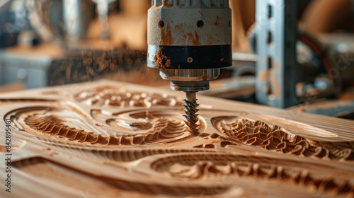 Close-Up of CNC Router Carving Intricate Patterns on Wooden Material