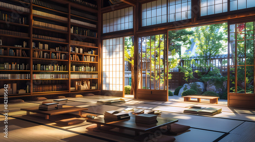 A room with a lot of books and a lot of light